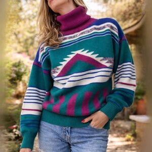 Vintage Lady Joyce Geometric Wool Blend Ski Sweater Retro 80s Turtleneck